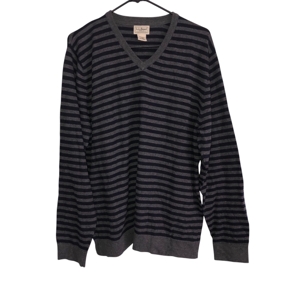 Vintage LLBean cashmere Cotton Sweater navy blue Grey striped vneck Men’s Large